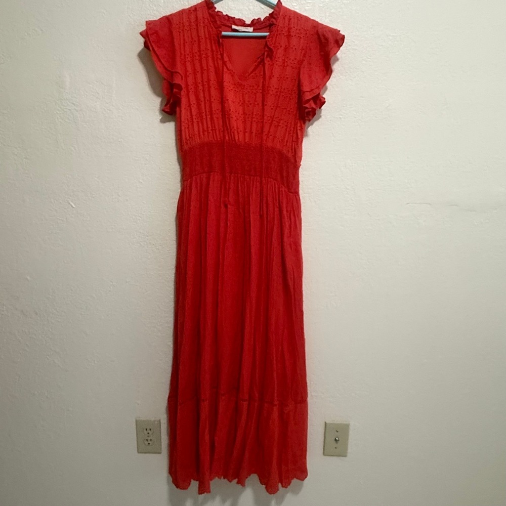 Solitaire‎ CORAL Eyelet Smocked Maxi Dress Flutter Sleeve Boho Womens Large